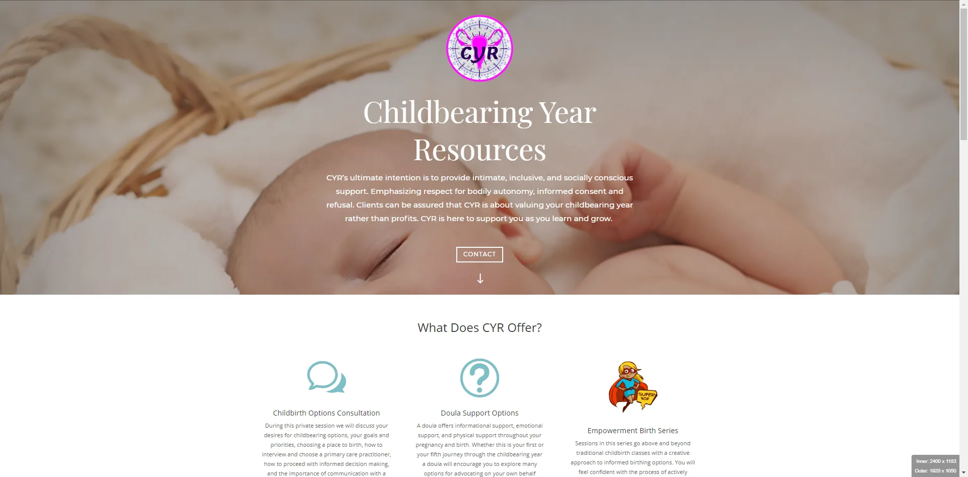 Screenshot of Childbearing Year Resources doula services website