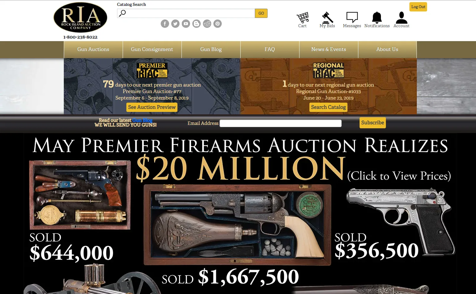 Screenshot of Rock Island Auction Company firearms auction website